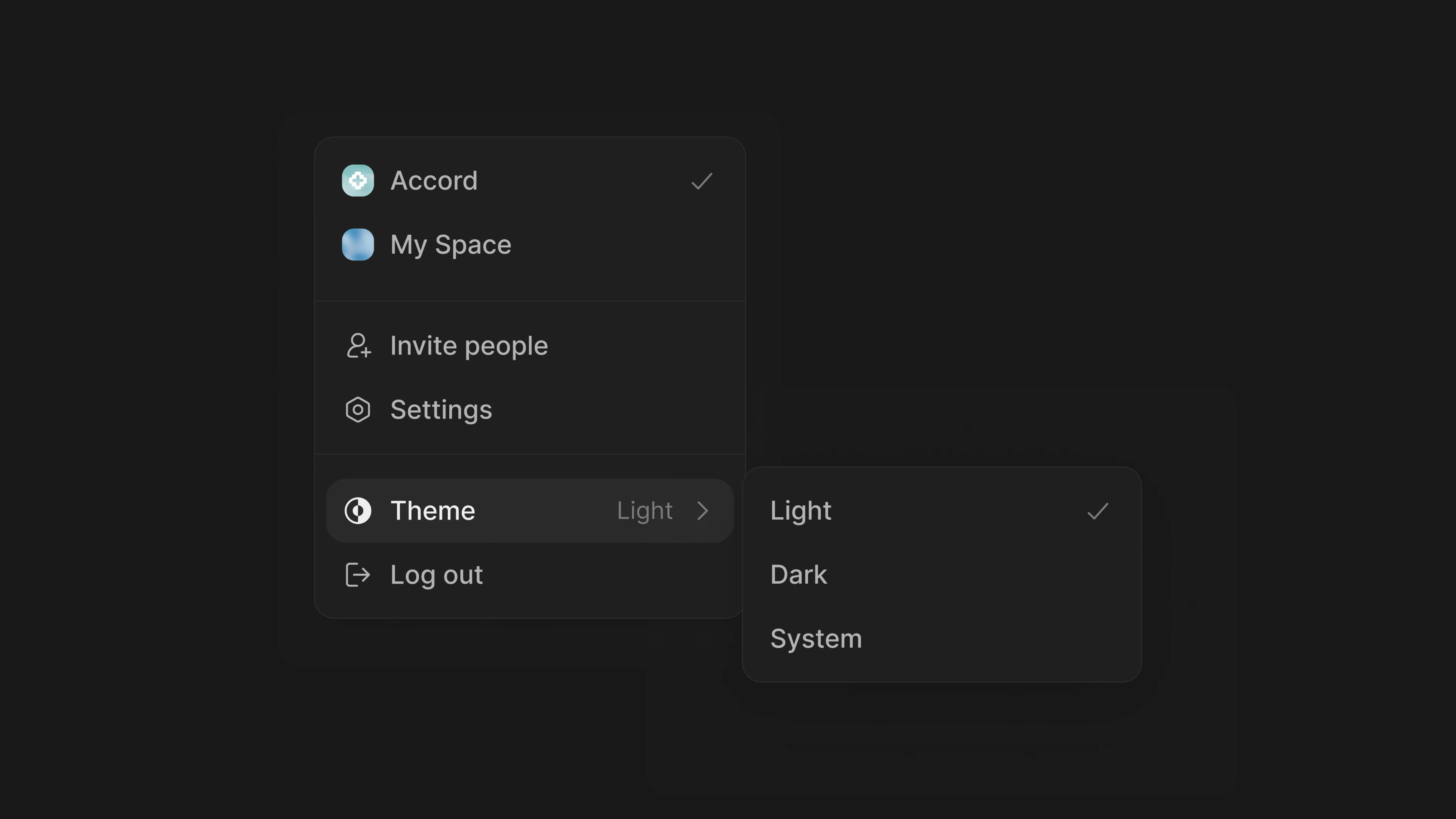 Close-up of Accord’s workspace and theme menus on dark surfaces, showing consistent spacing and the same action groups.
