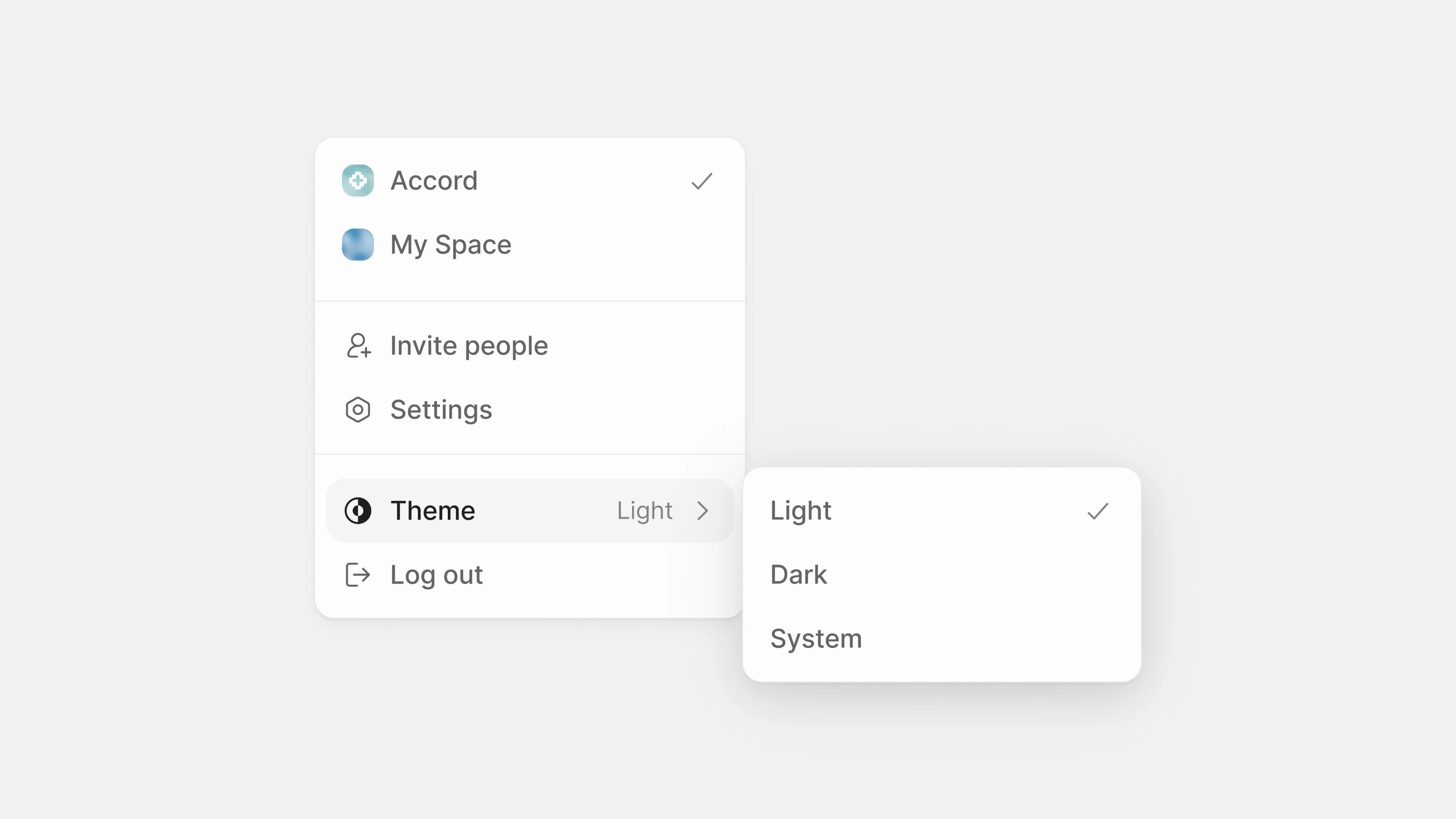 Close-up of Accord’s light workspace menu with a nested theme menu and a checkmark next to Light.