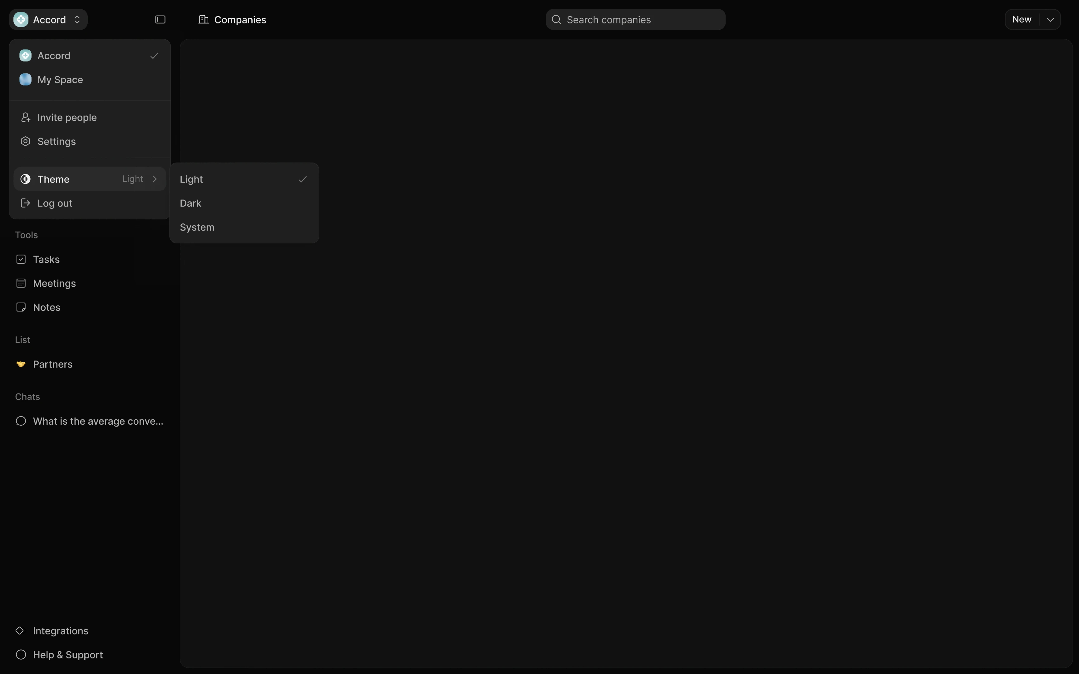 Accord’s dark workspace with the workspace menu open, showing My Space, invitations, settings, and Light, Dark, and System theme choices.