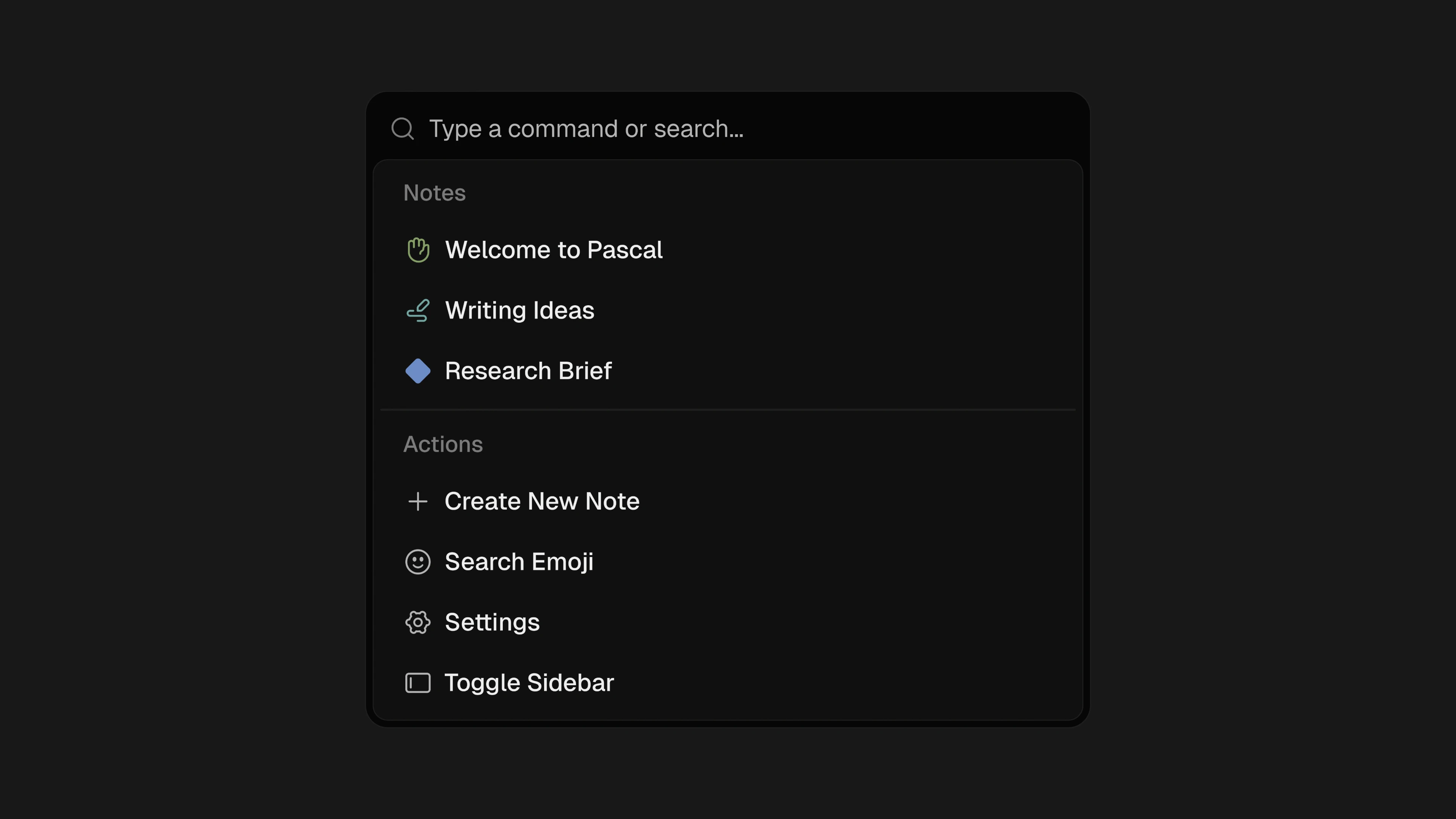 Dark command menu showing the same note destinations and grouped actions.