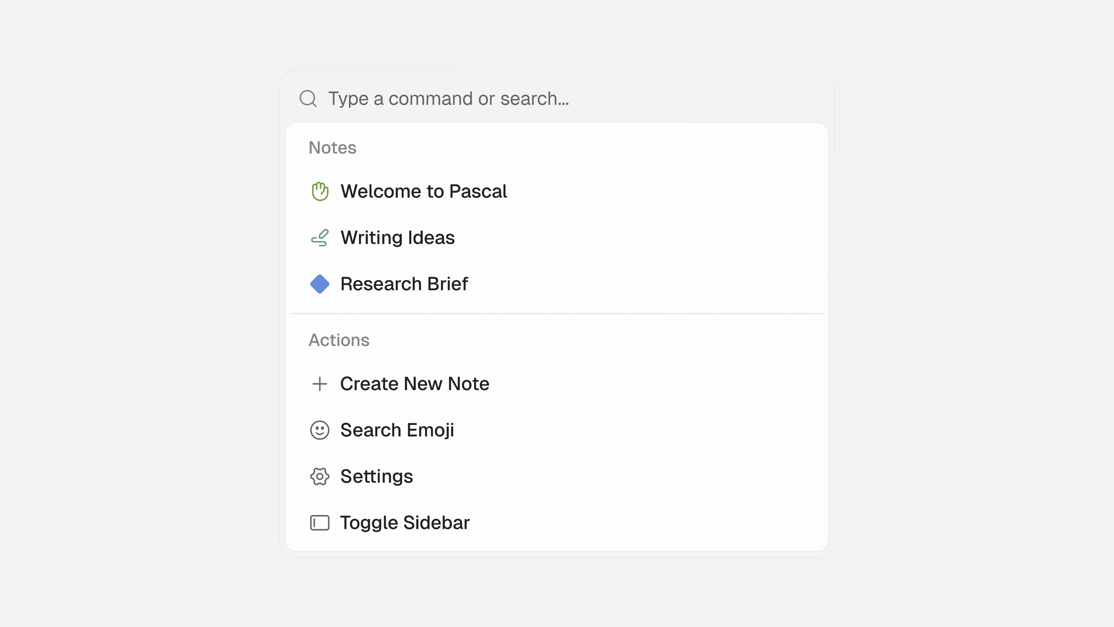 Light command menu with a search field, a Notes group, and an Actions group.