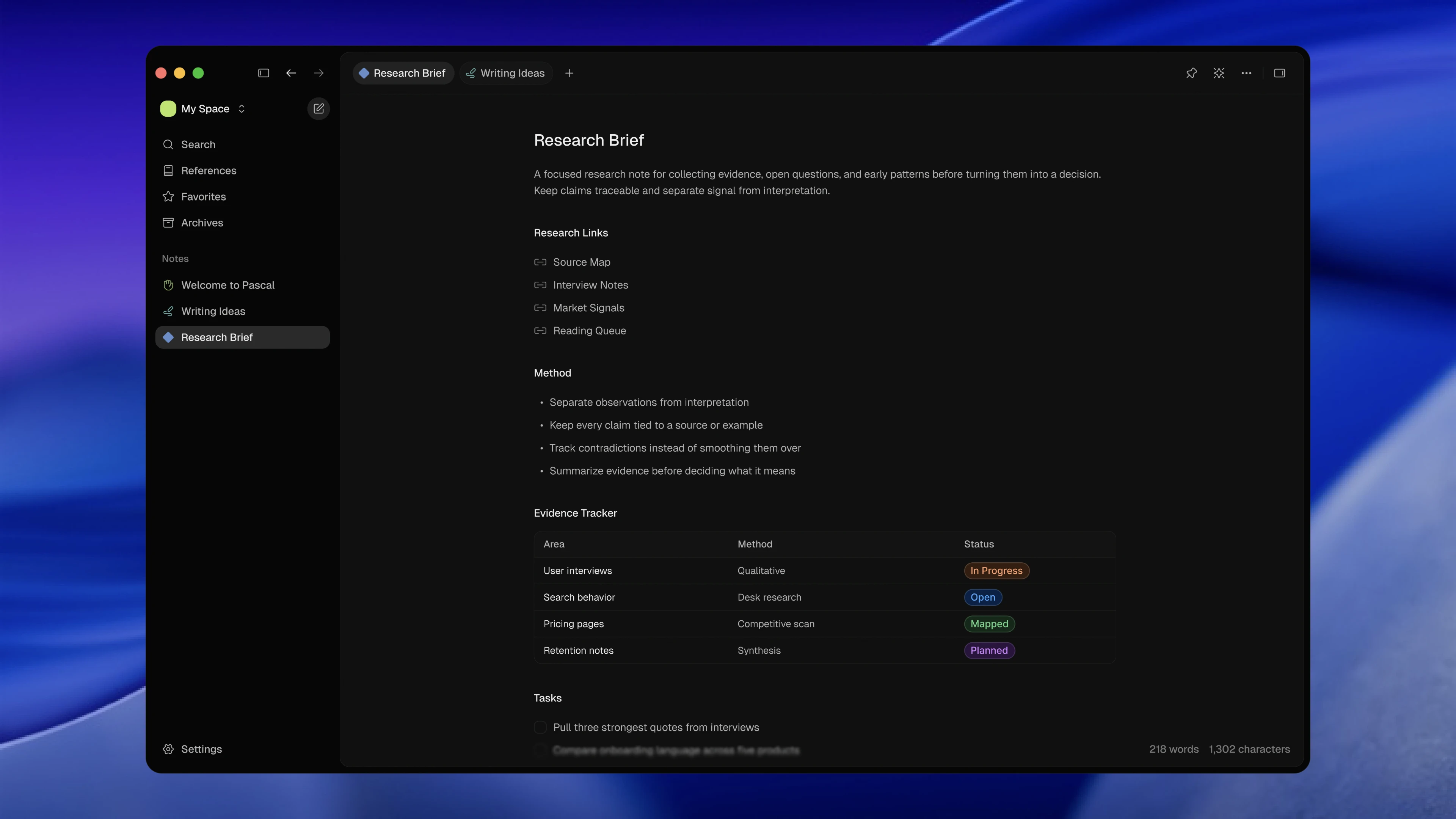 Pascal’s dark editor showing the same Research Brief document, navigation groups, tabs, and word count.