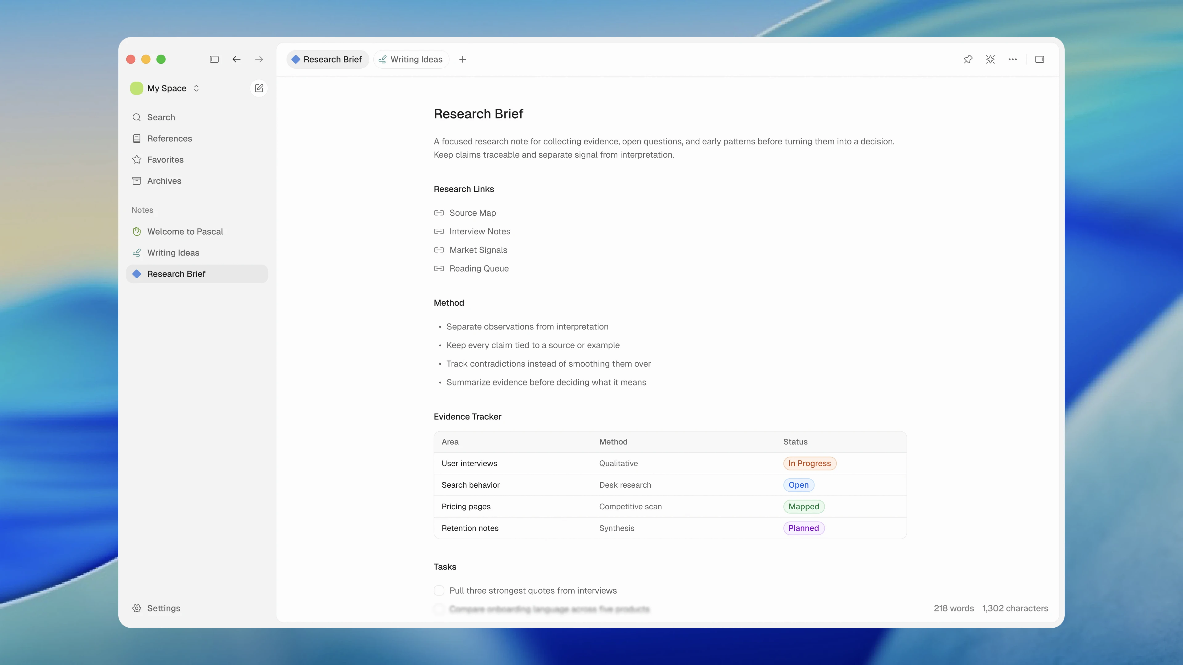 Pascal’s light editor with a Research Brief note, a quiet sidebar, and two open document tabs.