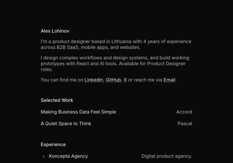 The introduction and selected work on my personal website, arranged in a single minimal column.